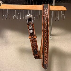 Justin Boots Tan and Black Leather Belt with Silver Buckle